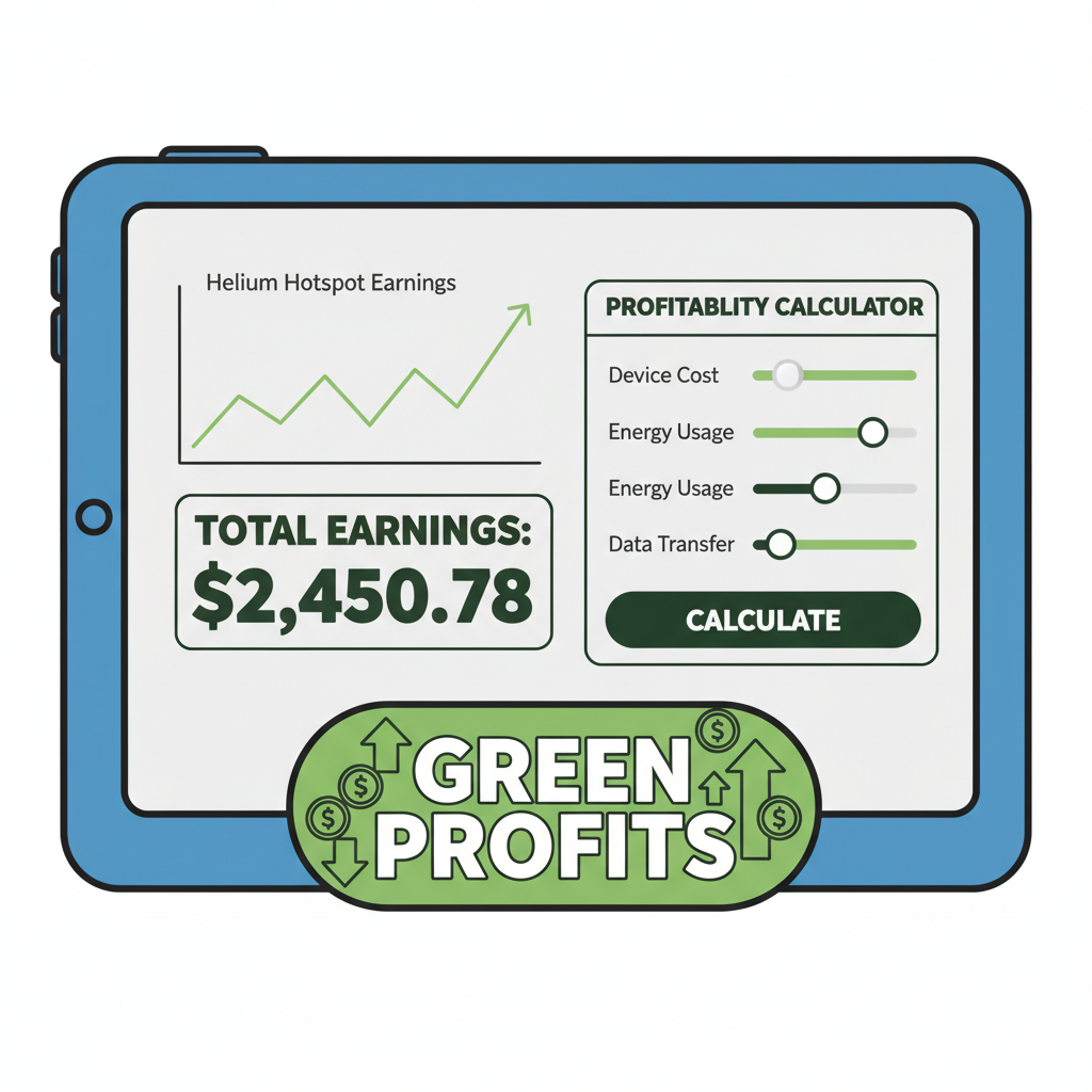 dashboard screen showing helium hotspot earnings graph, profitability calculator, green profits