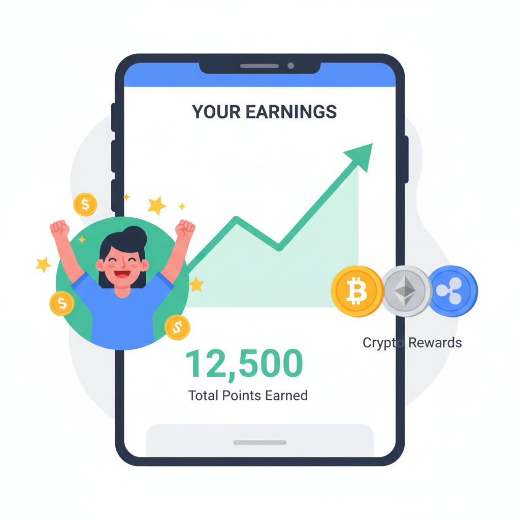app earnings dashboard with rising points graph, crypto coins, happy user vibe