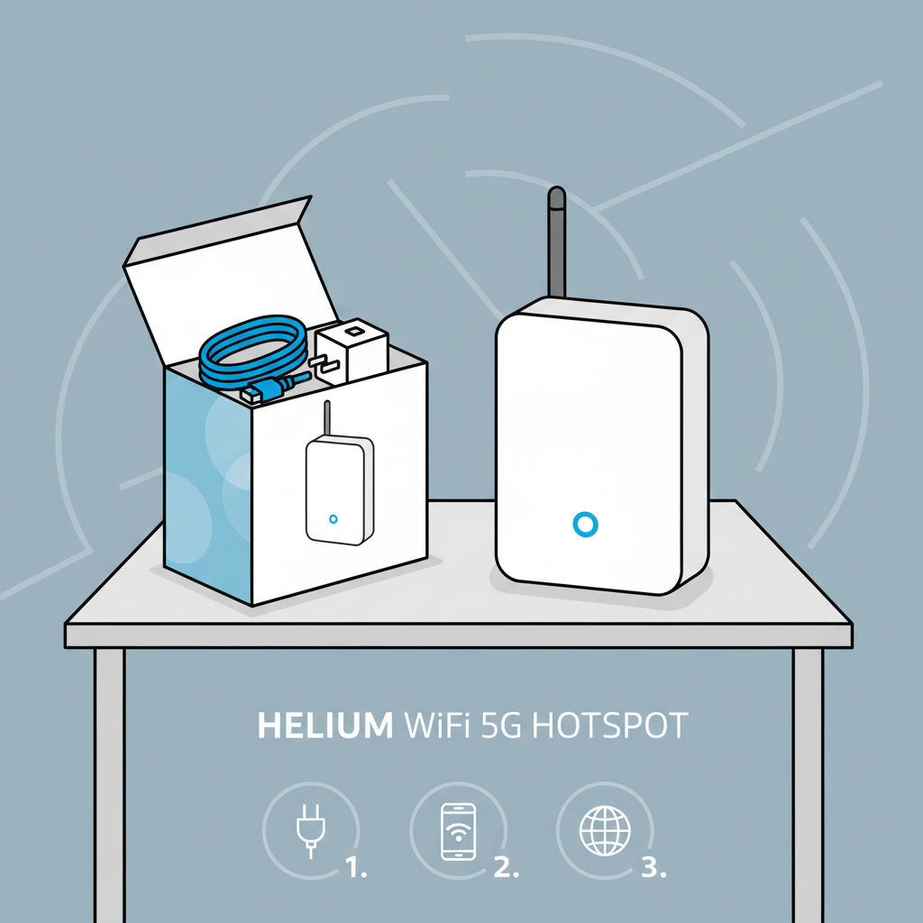 professional helium wifi 5g hotspot device on table with packaging, clean modern setup, high detail