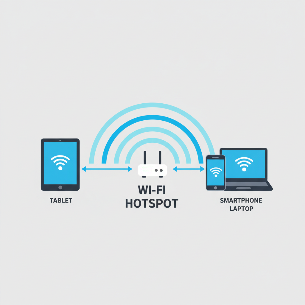 wireless signals beaming from hotspot to nearby devices, radio waves visualization