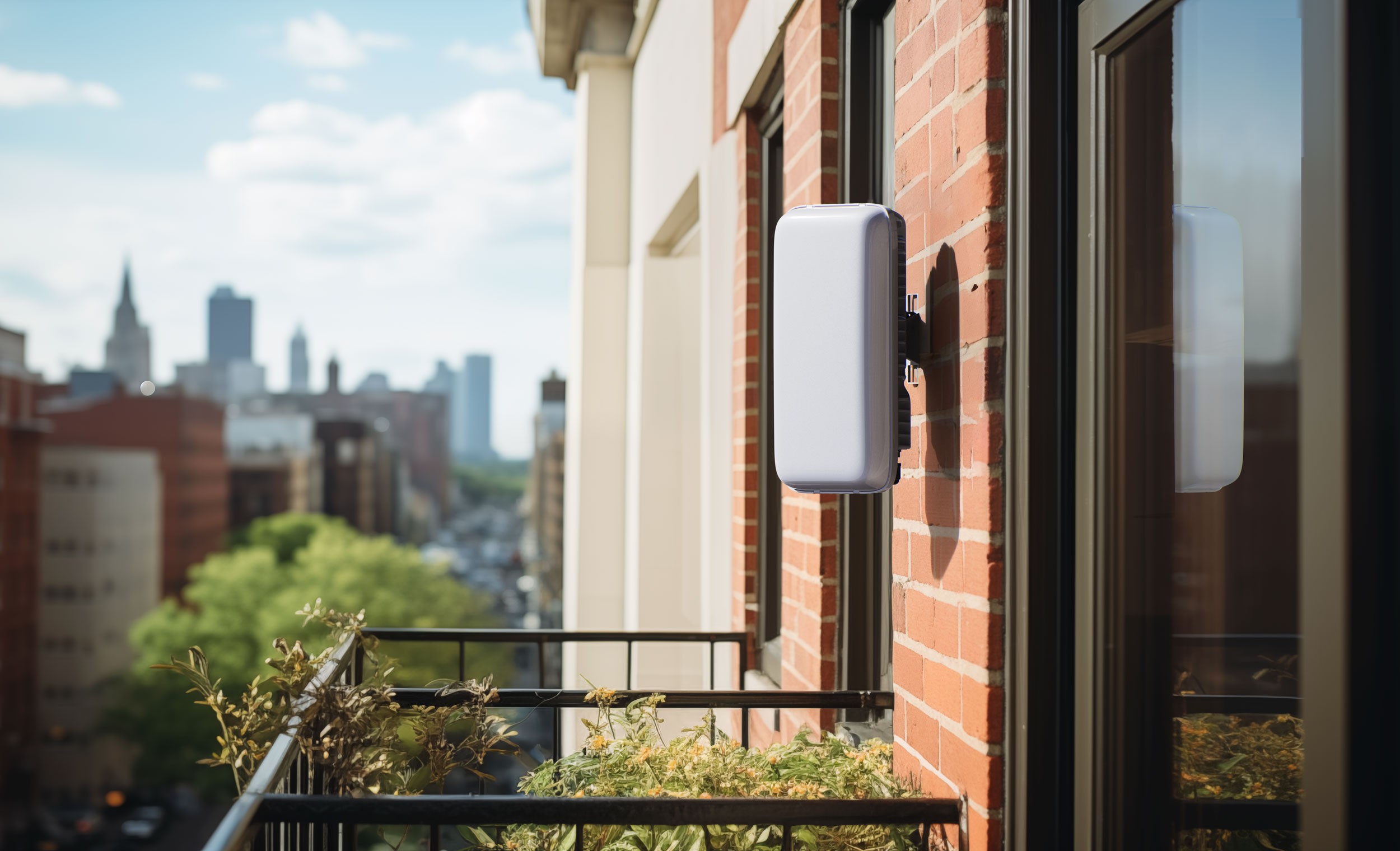 Helium 5G hotspot device on a rooftop overlooking a city skyline, representing decentralized community-powered wireless infrastructure for IoT connectivity