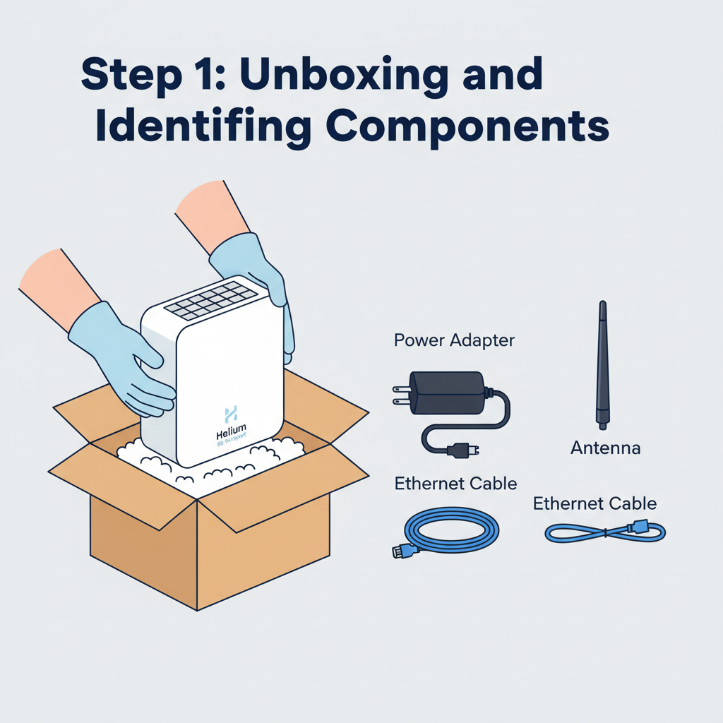 step by step helium 5g hotspot installation, person connecting cables antennas, indoor setting