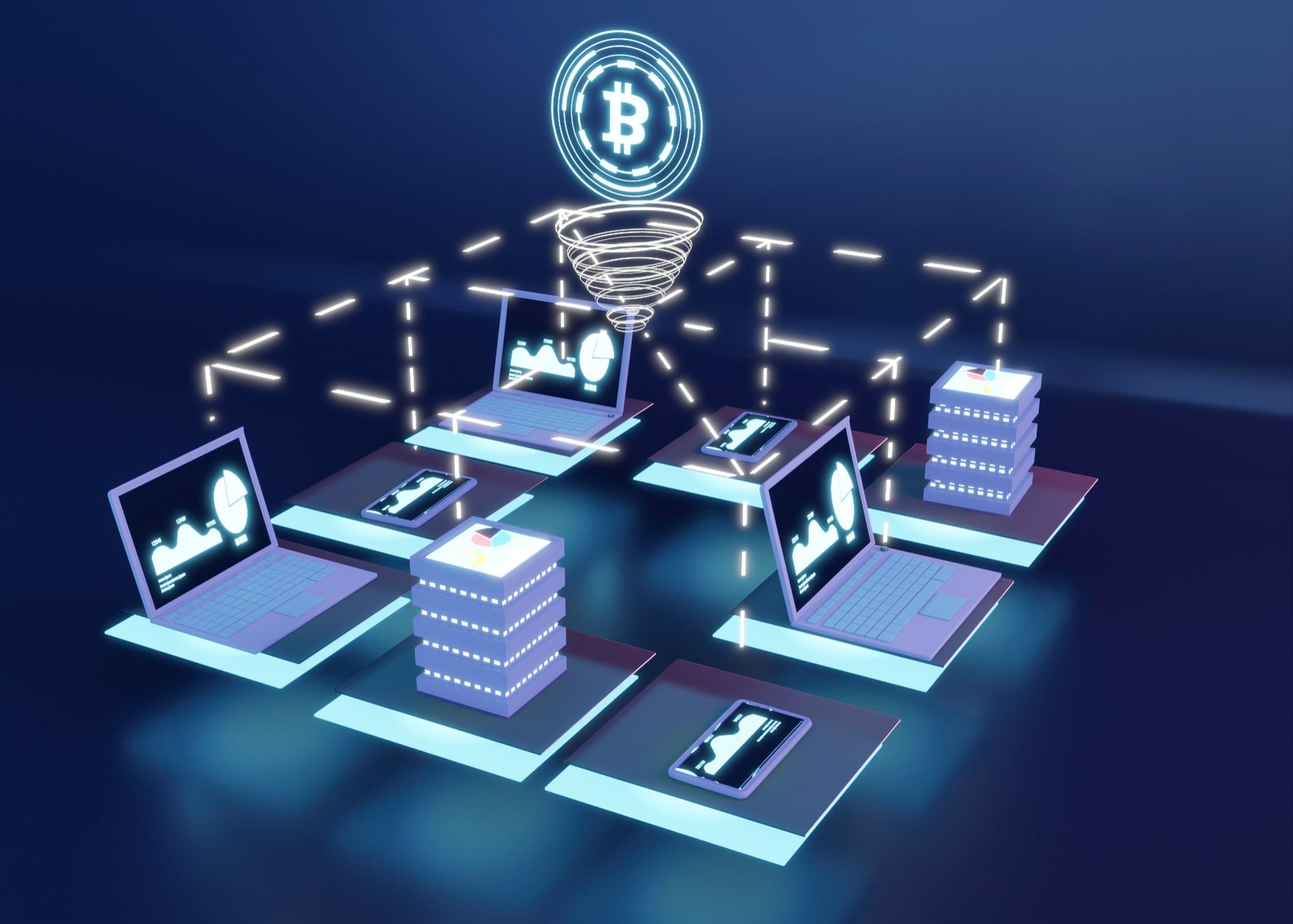 Blockchain nodes securing a decentralized 5G network with connected IoT devices in 2025