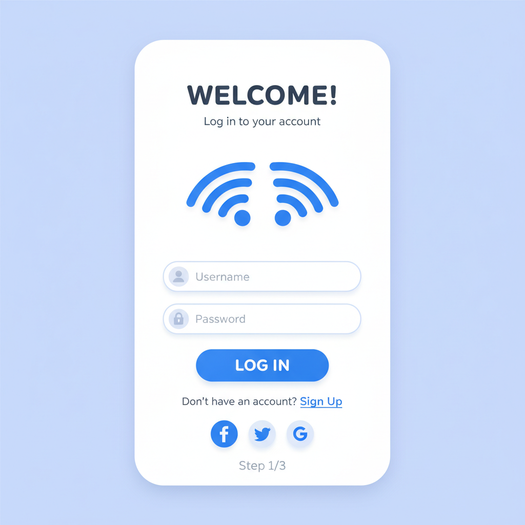 mobile app login screen with sign up options, welcoming interface, WiFi icons