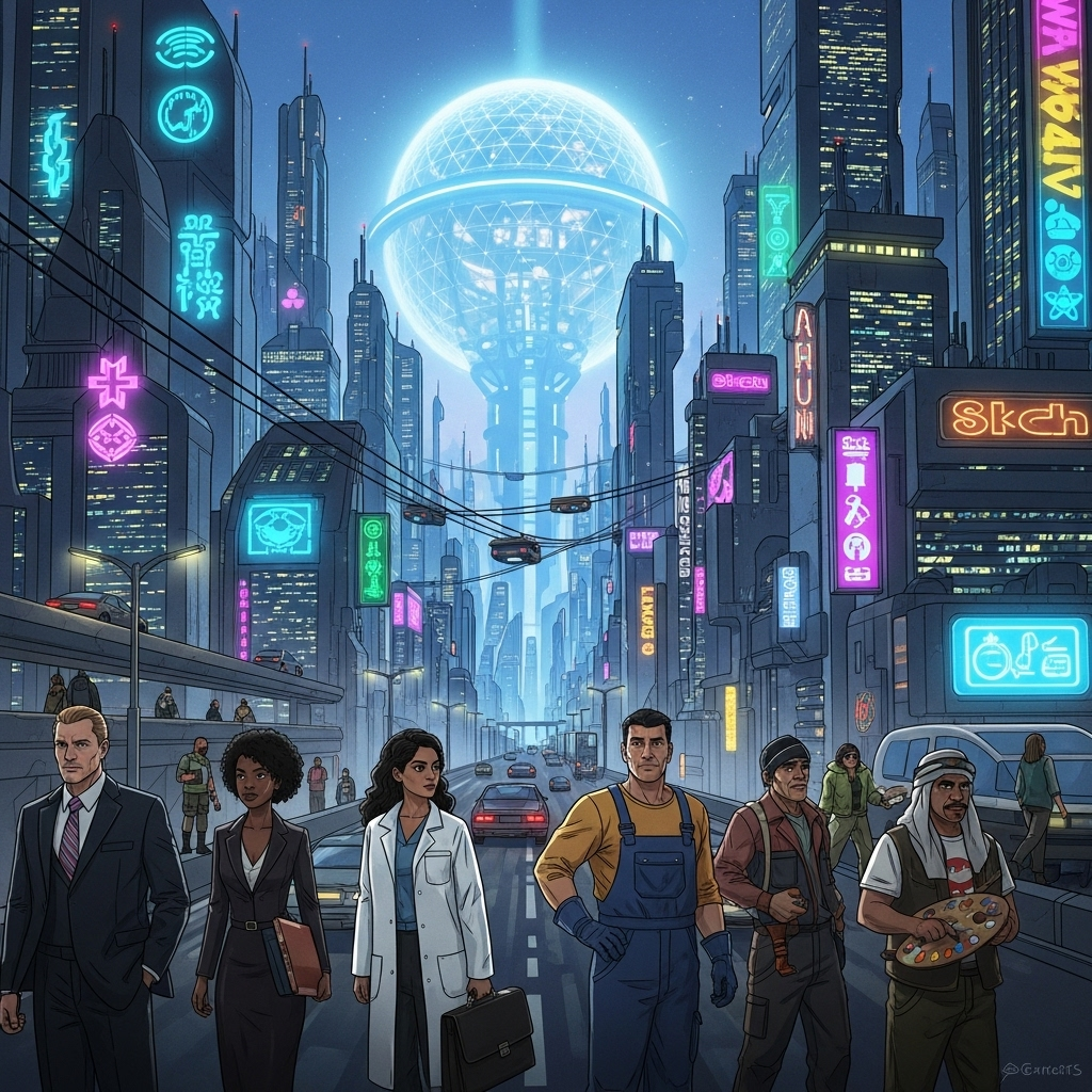 Diverse people in a vibrant cityscape using smartphones, laptops, and IoT devices, illustrating seamless connectivity through decentralized WiFi networks like Uplink.